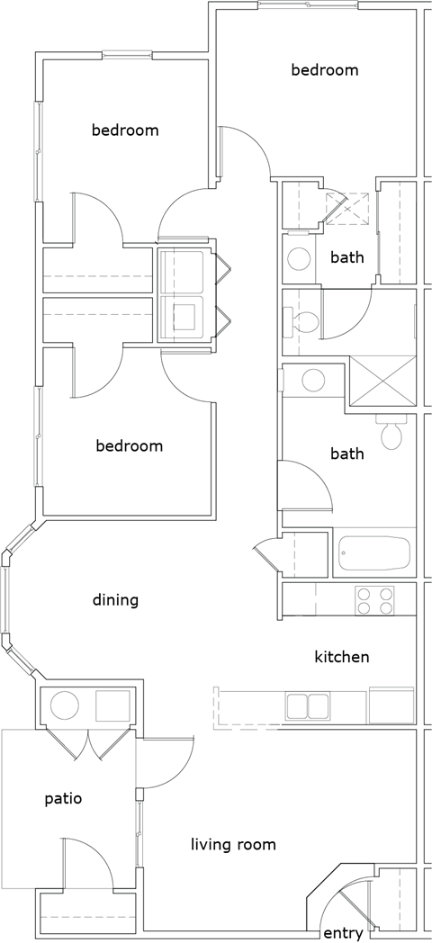 Floor plan for 3 beds, 2 baths, 1215 sqft